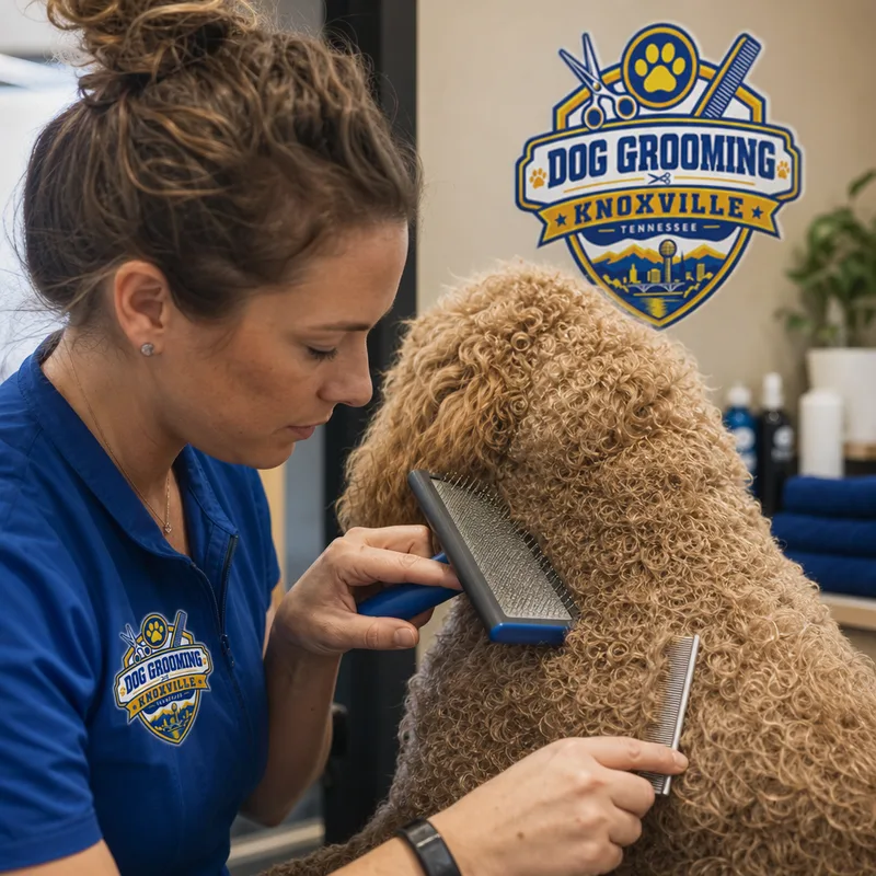 A groomer safely line-brushing a curly coat and checking it with a comb
