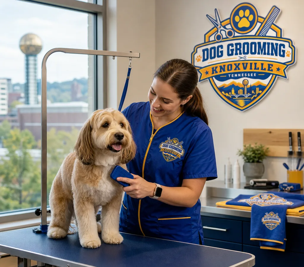A professional groomer gently brushing a calm dog on a grooming table in a clean grooming space