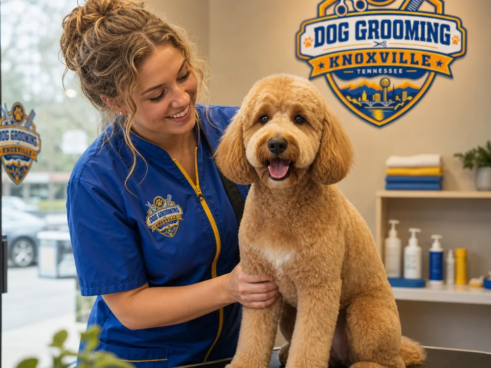 A medium curly-coat dog after a balanced teddy-bear style trim