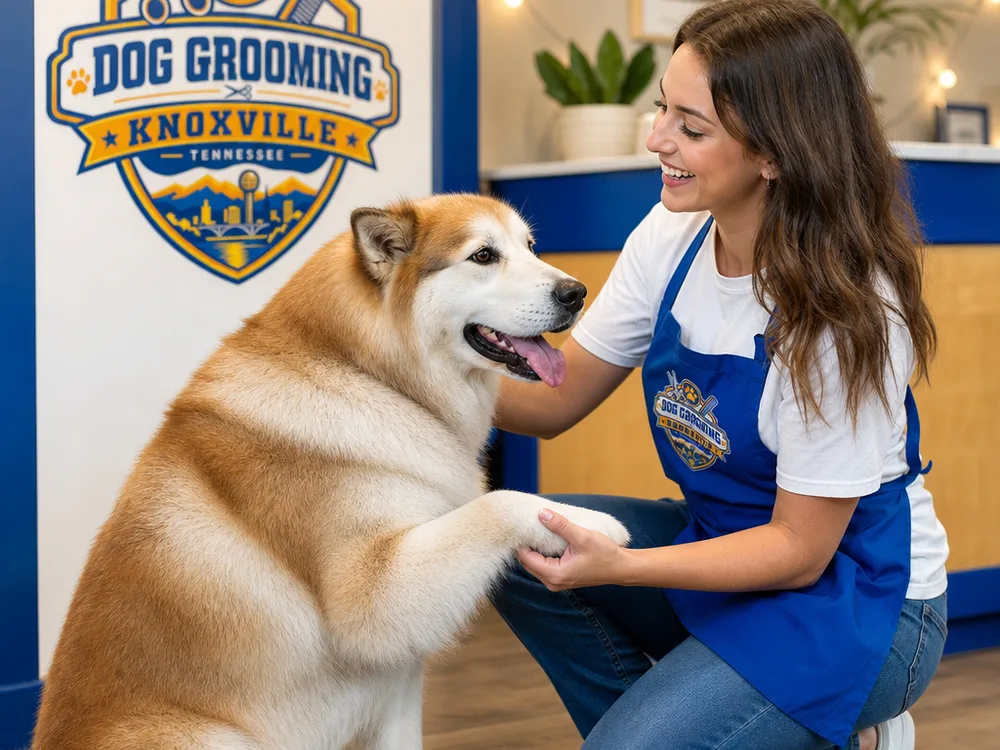 A large double-coat dog after a de-shed bath and blowout