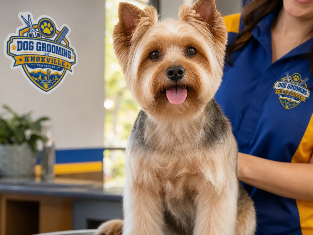 A freshly groomed small dog with a tidy face and clean feet