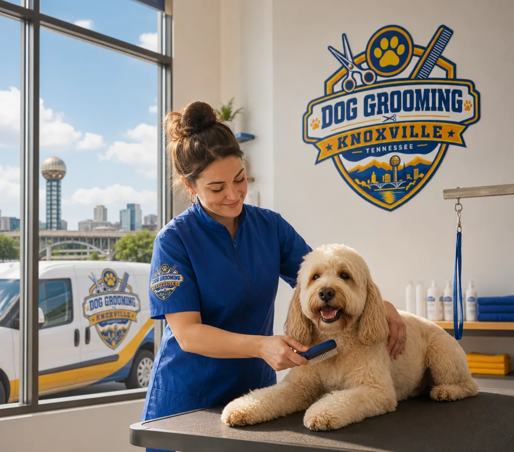 A groomer gently brushing a relaxed dog in a clean Knoxville grooming space