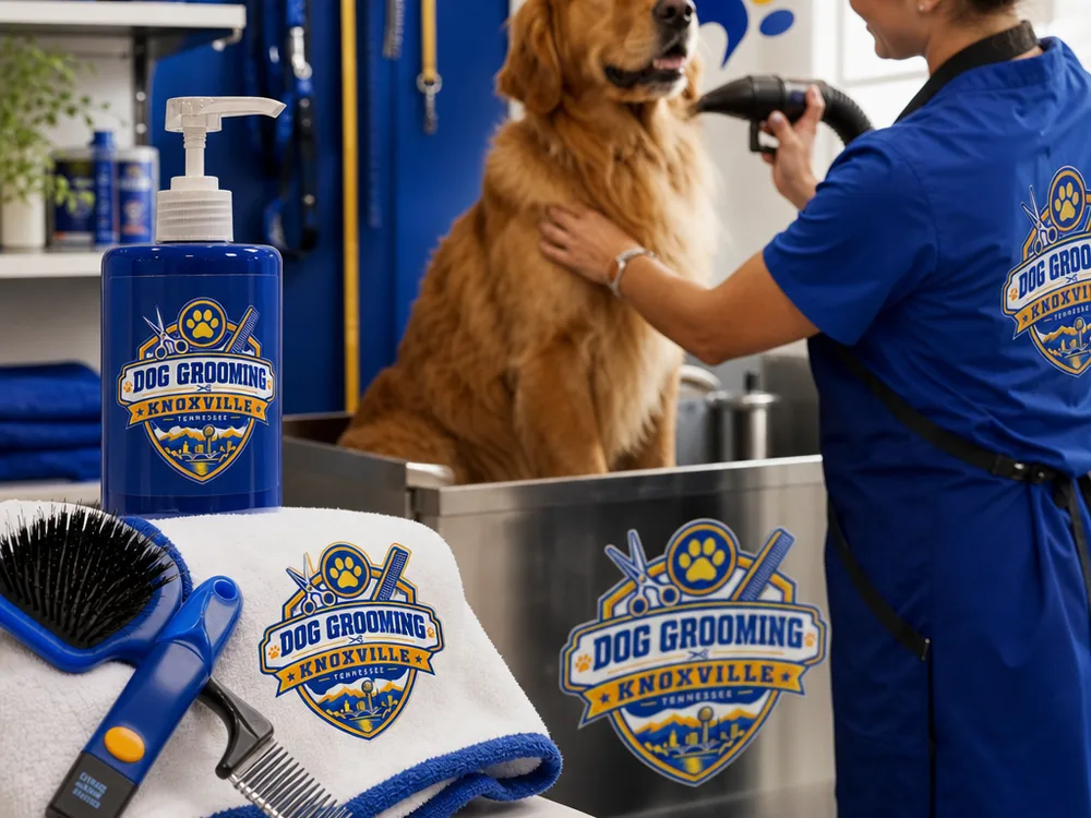 Grooming tools and quality shampoo prepared beside a dog bathing station
