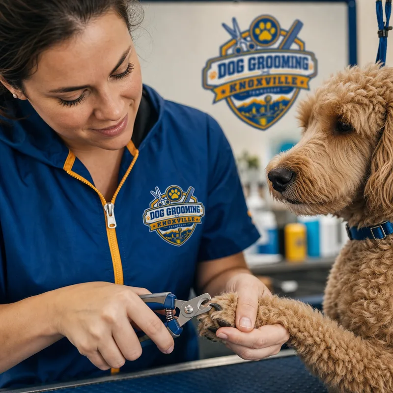 A groomer carefully trimming a dog's nails with safe restraint and calm, comfort-focused handling
