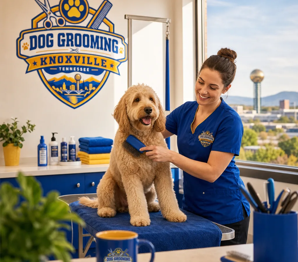 A groomer gently brushing a freshly bathed dog in a clean, calm grooming space with neatly arranged towels and tools
