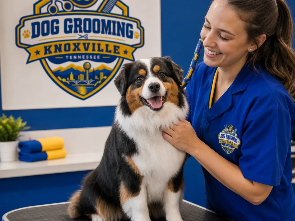 A medium double-coated dog after a bath and de-shed with a clean fluffy coat and tidy paws