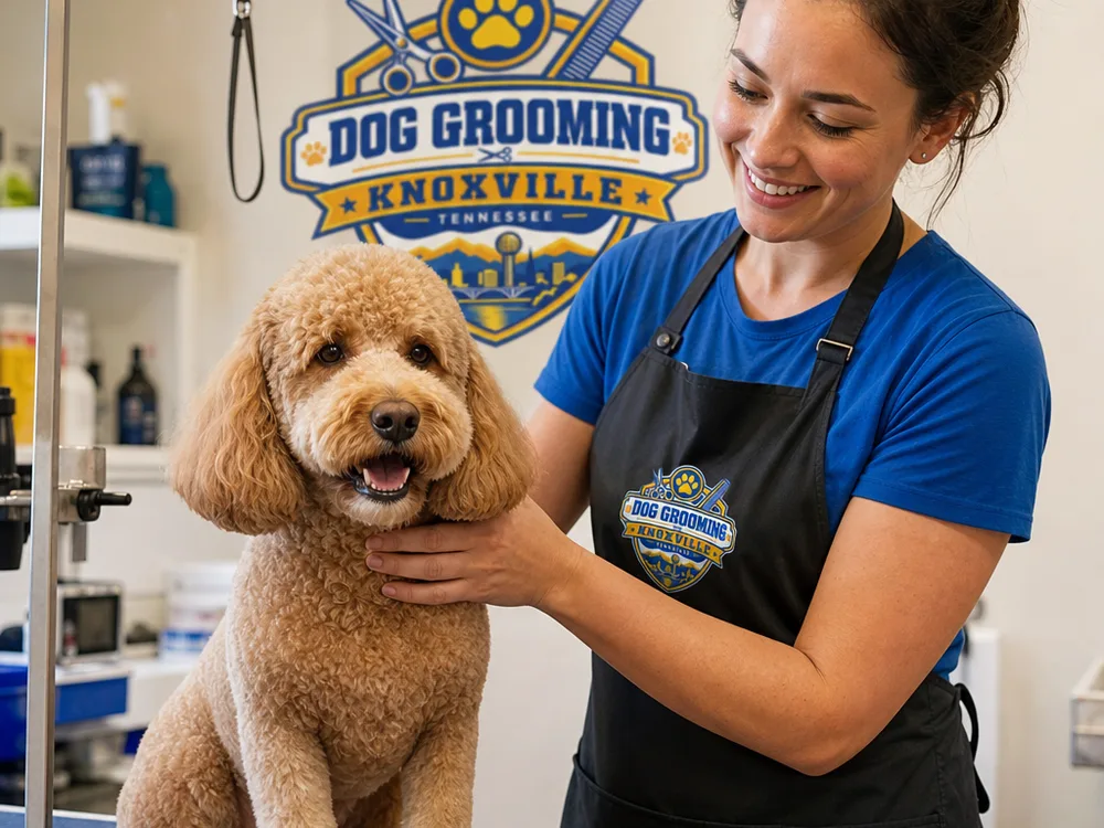 A curly-coated dog after a practical shorter trim with even body length and a rounded face shape