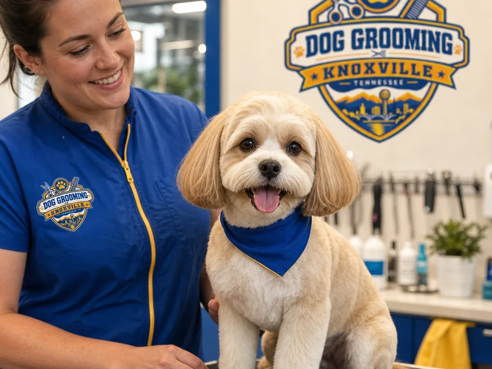 A small dog after a full groom with a neat face trim, clean paws, and a smooth coat finish