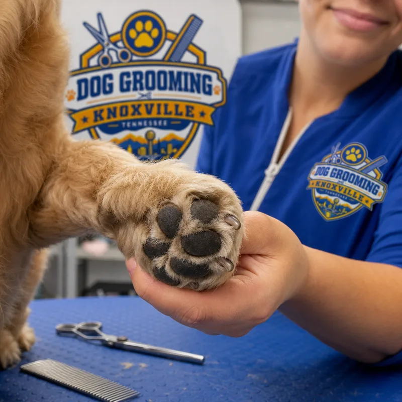 Freshly trimmed dog nails and tidy paw pads on a grooming table