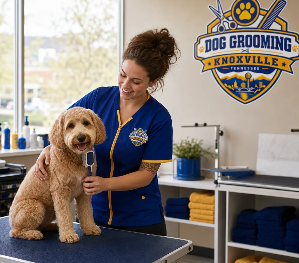 Groomer gently brushing a relaxed medium-size dog in a bright, clean grooming room