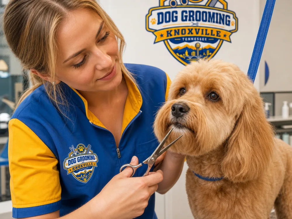 Groomer carefully trimming around a calm dog's face with rounded-tip scissors