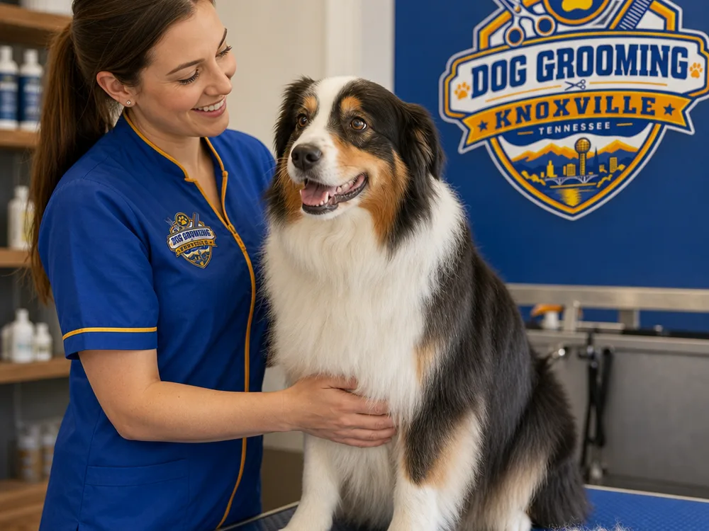 Double-coated dog after a bath and de-shed with a smooth glossy coat