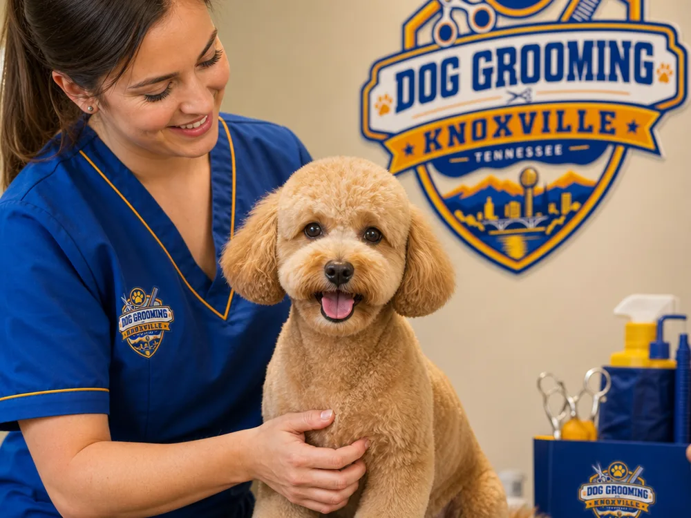 Small curly-coated dog after a neat teddy-bear trim with a clean face and rounded feet