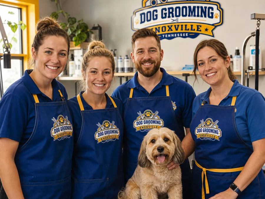 The Dog Grooming Knoxville team with a friendly dog in a tidy grooming workspace